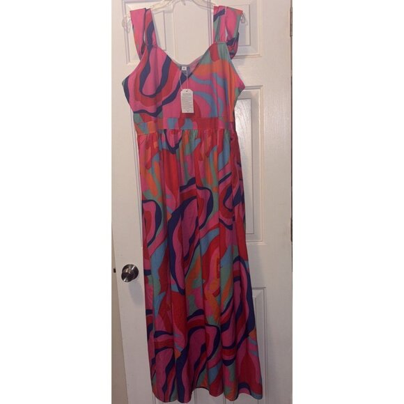 MADE WITH LOVE XXL MAXI DRESS MULTICOLOR Side Zip V-NECK Slit 56” LONG New - Picture 1 of 5